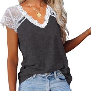 Women's Crochet Lace Basic T-Shirt Short Sleeve Loose Fitting Tunic Tank Size M